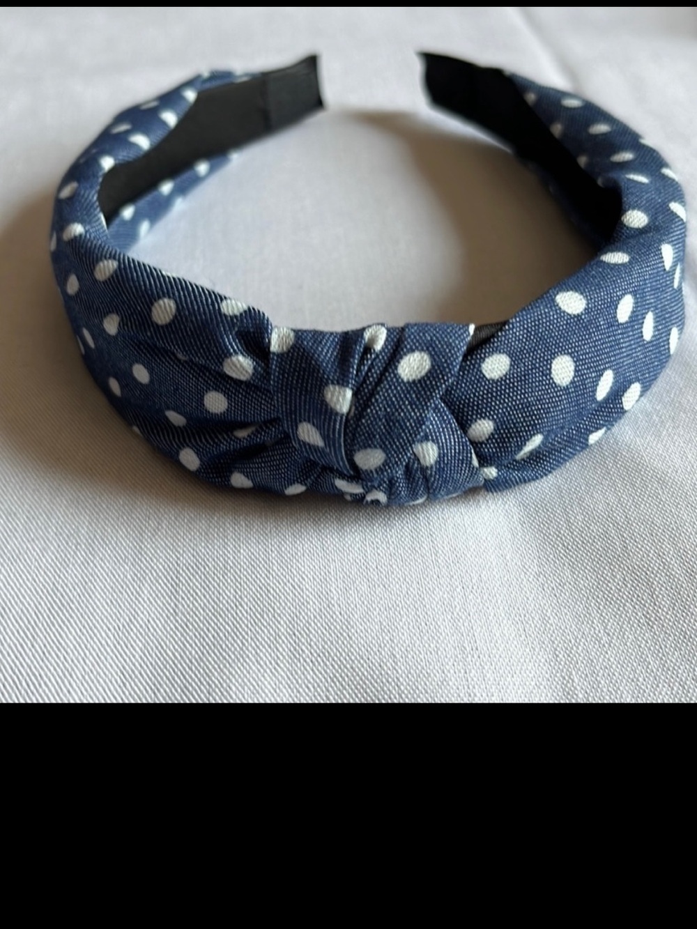 Blue White Polka Dot Knotted Headband Denim Look Padded Hair Accessory NWOT